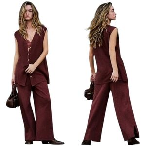 NWT Free People Stockton Sweater Set Brown S Wide Leg Knit Boho Lounge